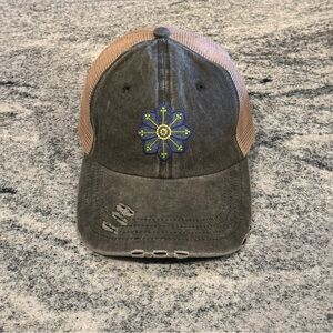 New Custom Designed Olive Green & Tan Mesh Trucker Hat with Blue & Green Flower
